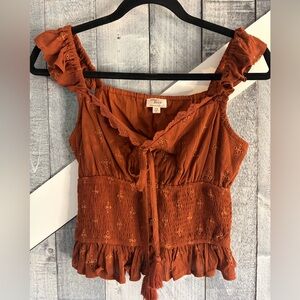Dizzy Lizzy Rust Eyelet Smocked Baby  Doll Hippie Festival Crop Top Size XS